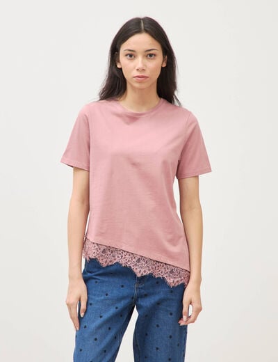 T-shirt droit col rond avec dentelle vieux rose femme