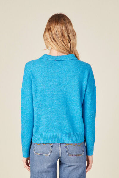 Pull col polo éco-responsable bleu femme