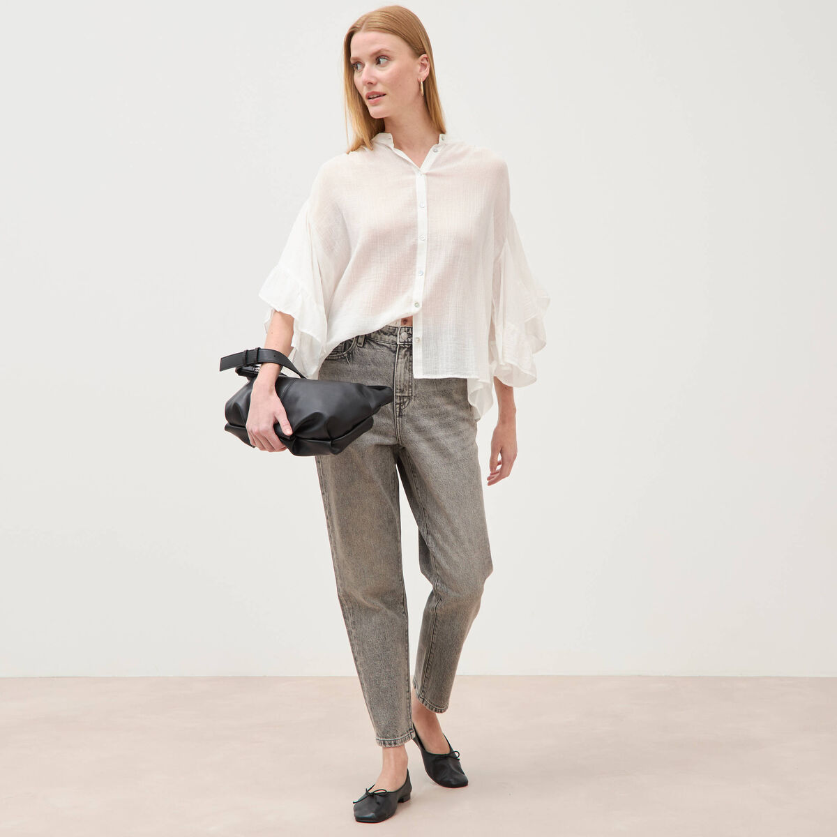 Blouse boyfriend manches coude en coton ecru femme