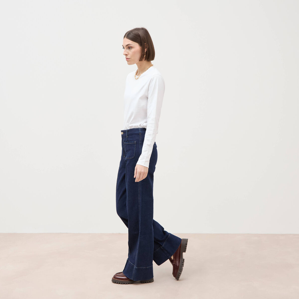 Jeans wide large taille haute denim brut rinse femme
