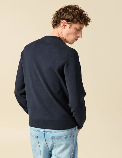 Pull fin manches longues col rond bleu marine homme