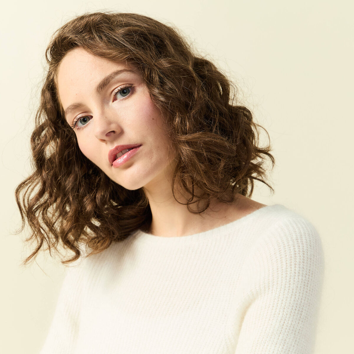Pull col bateau manches longues ecru femme