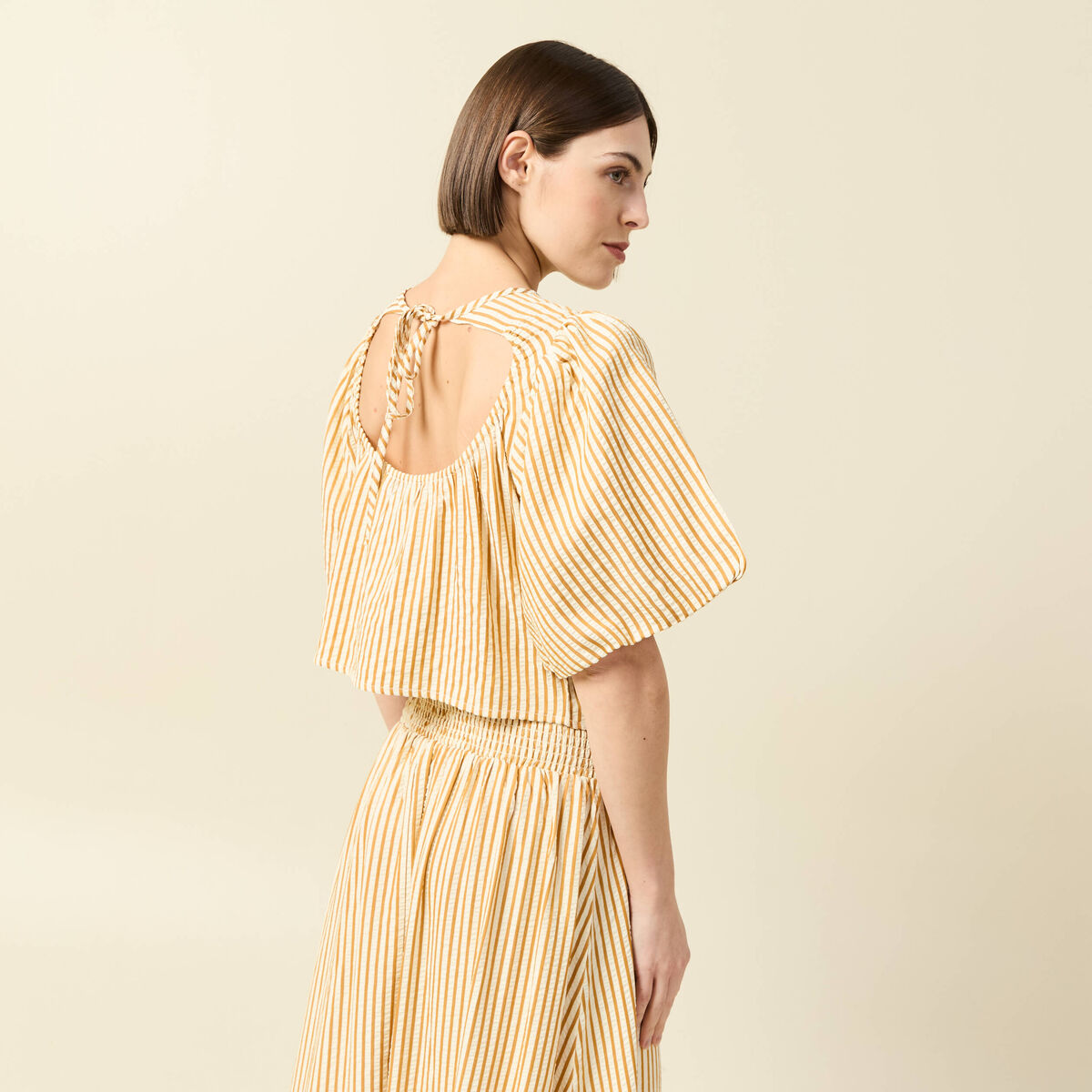 Blouse droite courte manches coude beige moyen femme