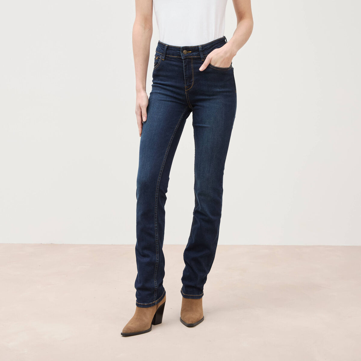 Jeans regular taille haute denim brut femme