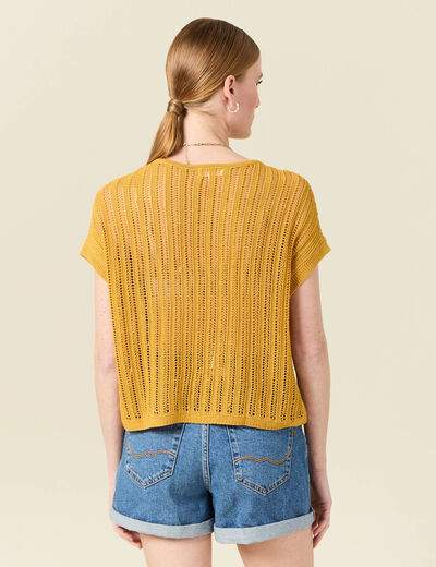 Pull ajouré éco-responsable jaune femme