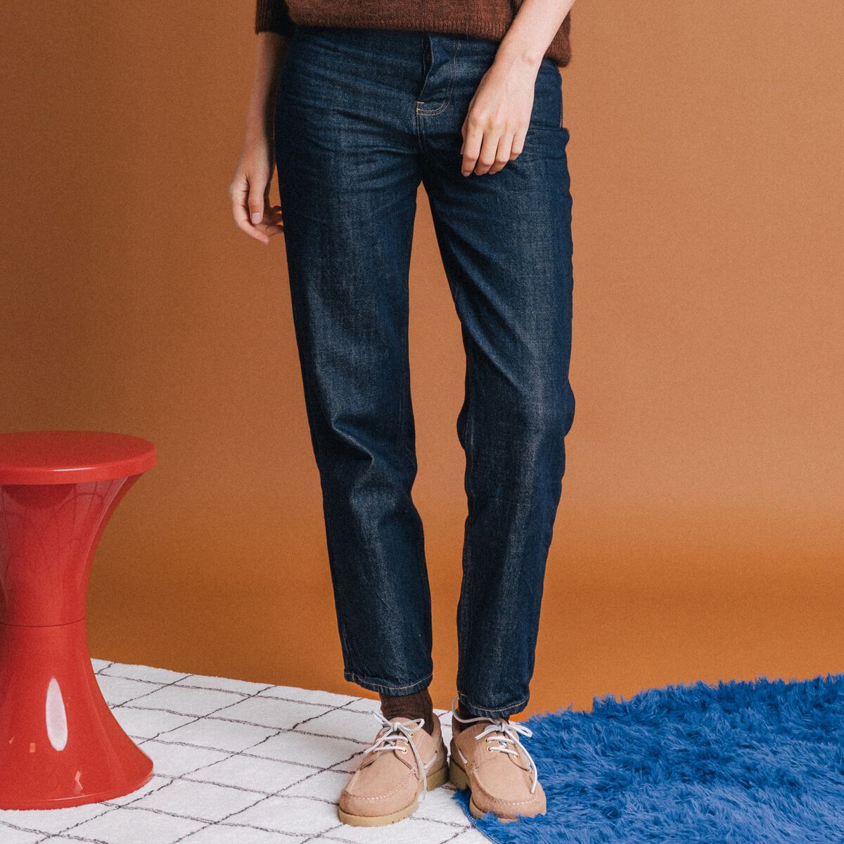 Jeans straight taille haute denim brut rinse femme