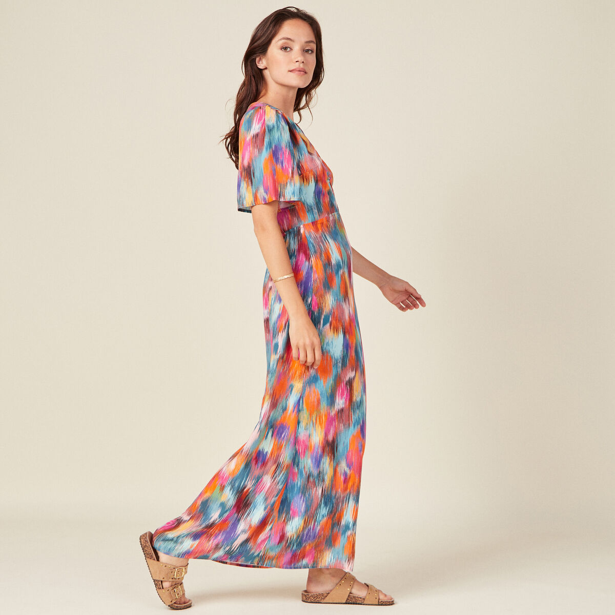 Robe longue droite fluide multicolore femme
