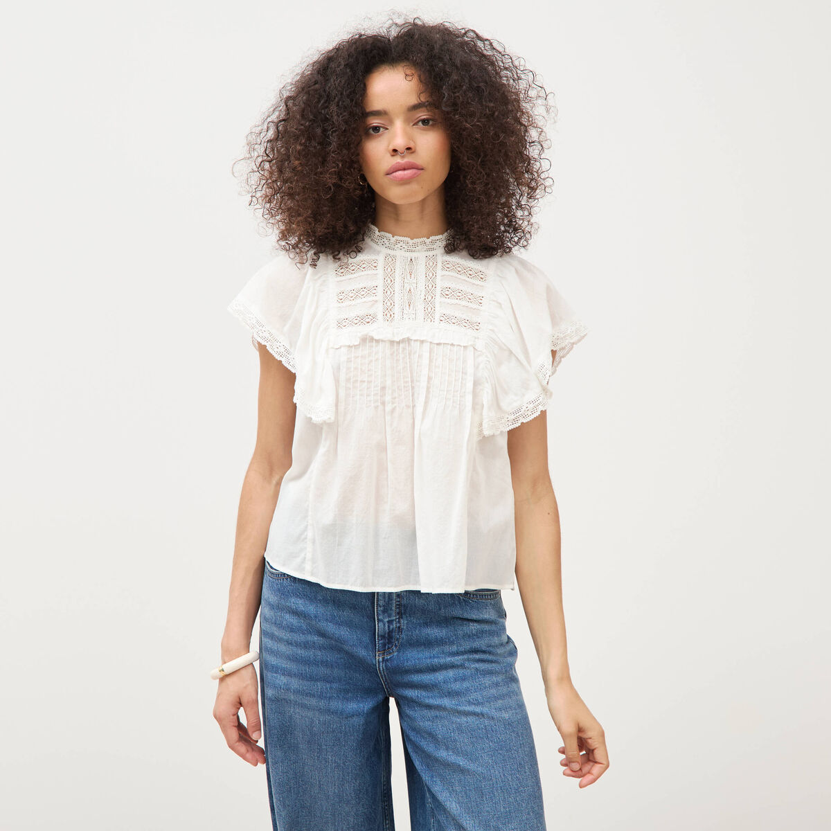 Blouse ample col montant manches courtes ecru femme