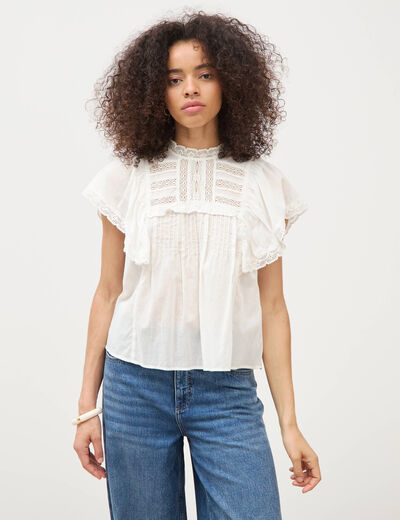 Blouse ample col montant manches courtes ecru femme