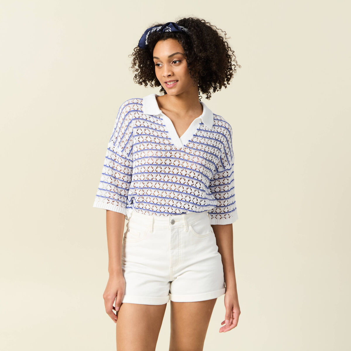 Pull manches courtes col polo bleu electrique femme