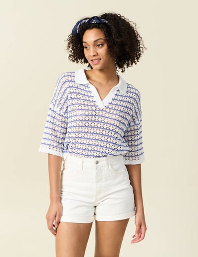 Pull manches courtes col polo bleu electrique femme