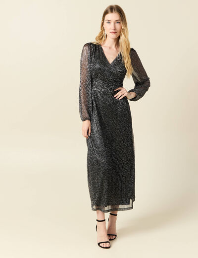 Robe longue fils métallisés noir femme