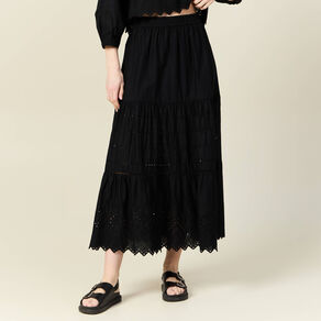 Jupe longue évasée brodée noir femme
