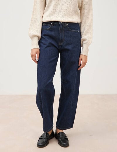 Jeans barrel taille haute broderie denim brut clean femme