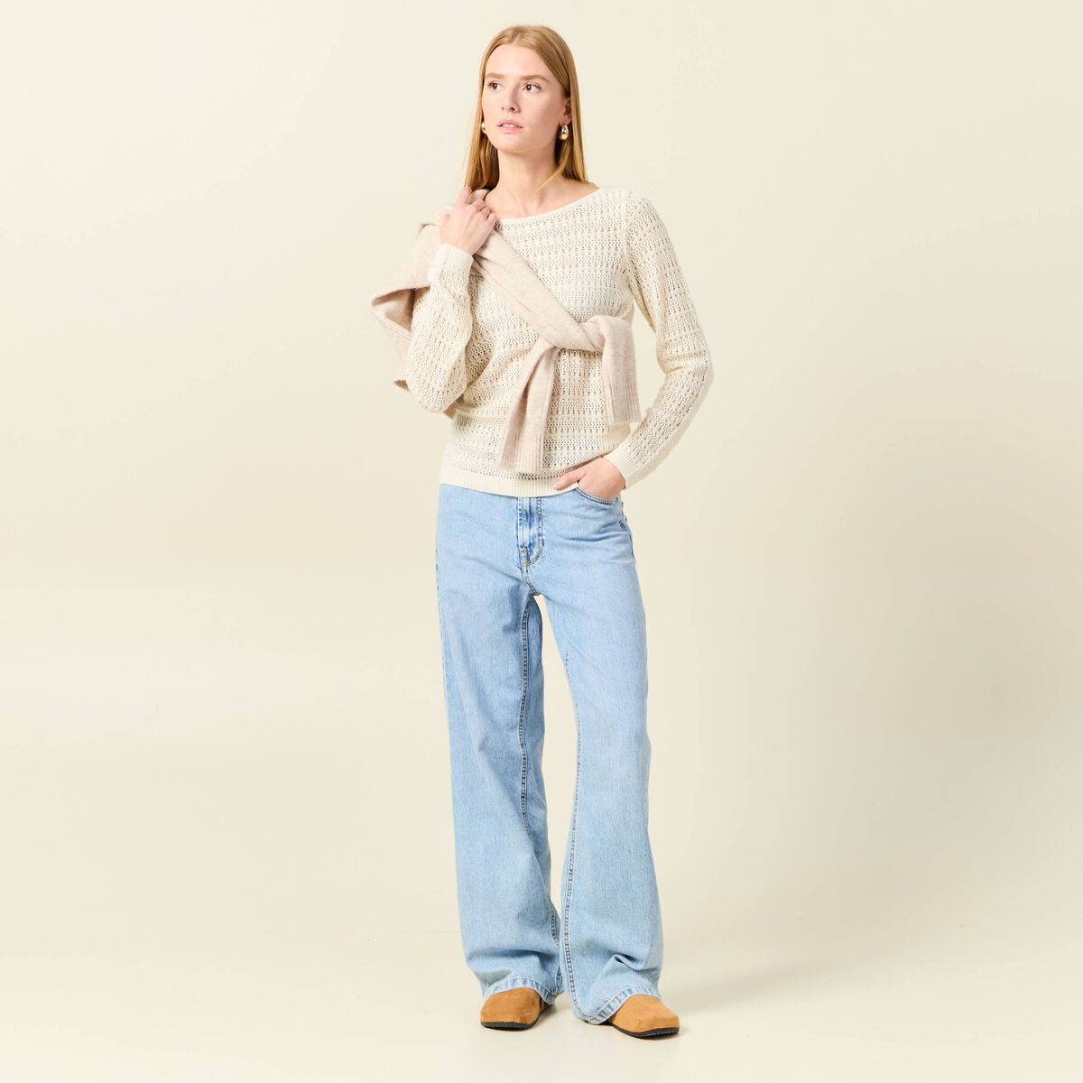 Gilet manches longues creme femme