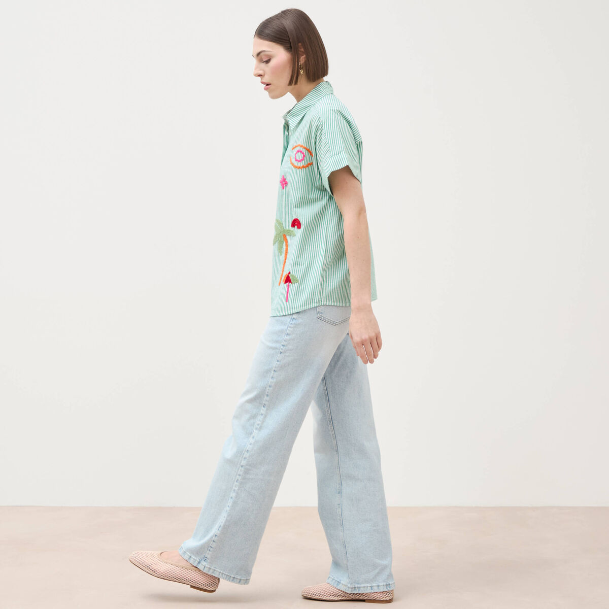 Chemise ample en coton &agrave; broderie vert femme