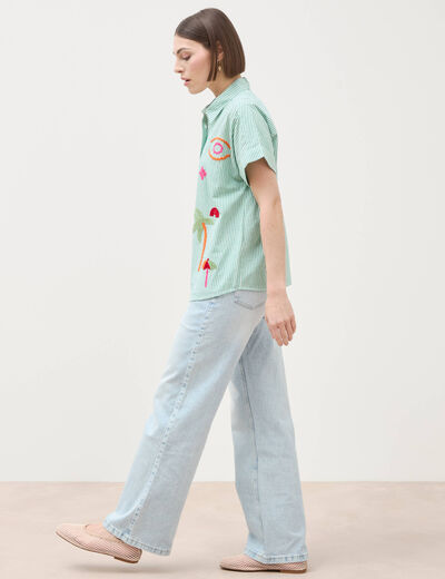 Chemise ample en coton &agrave; broderie vert femme