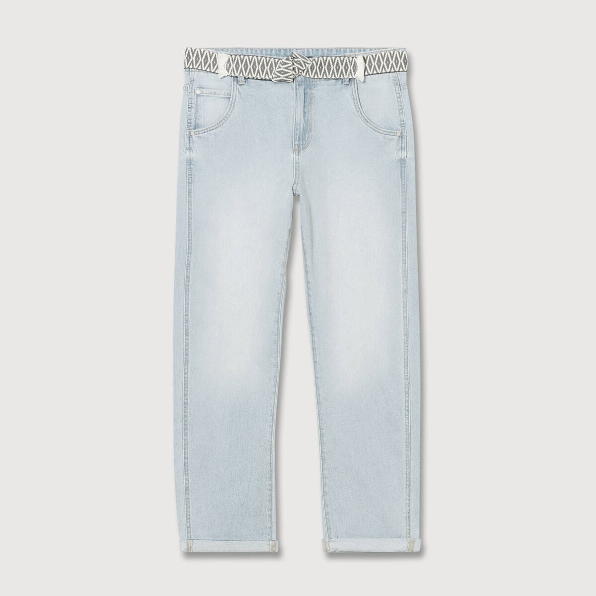 Jeans boyfriend ceintur&eacute; denim bleach femme