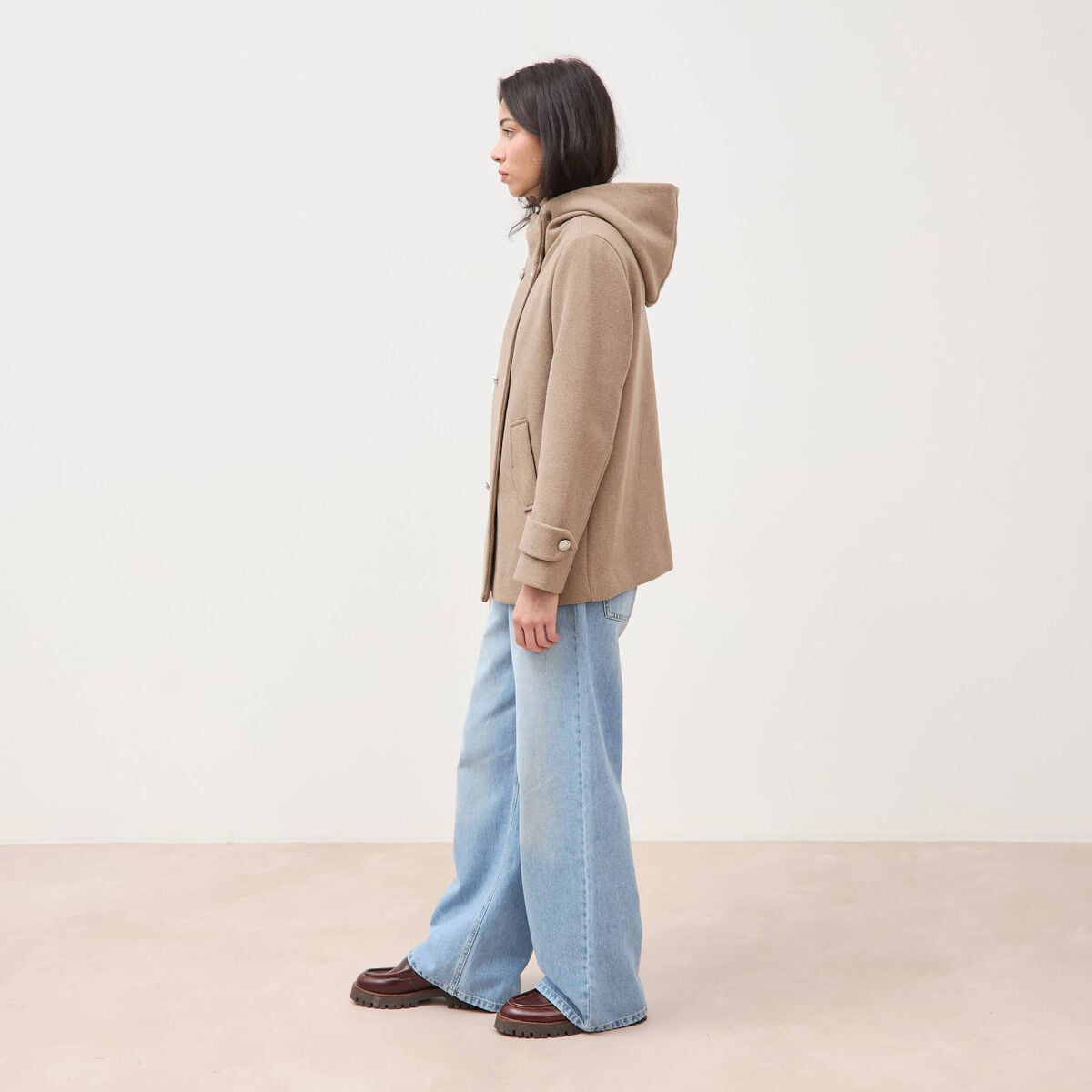 Caban oversize court &agrave; capuche beige femme