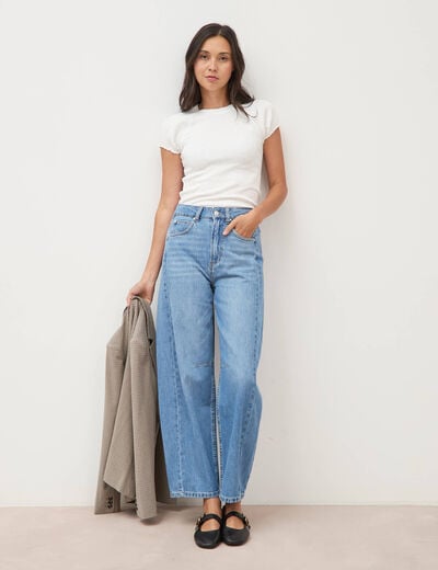 Jeans barrel taille haute broderie denim used femme