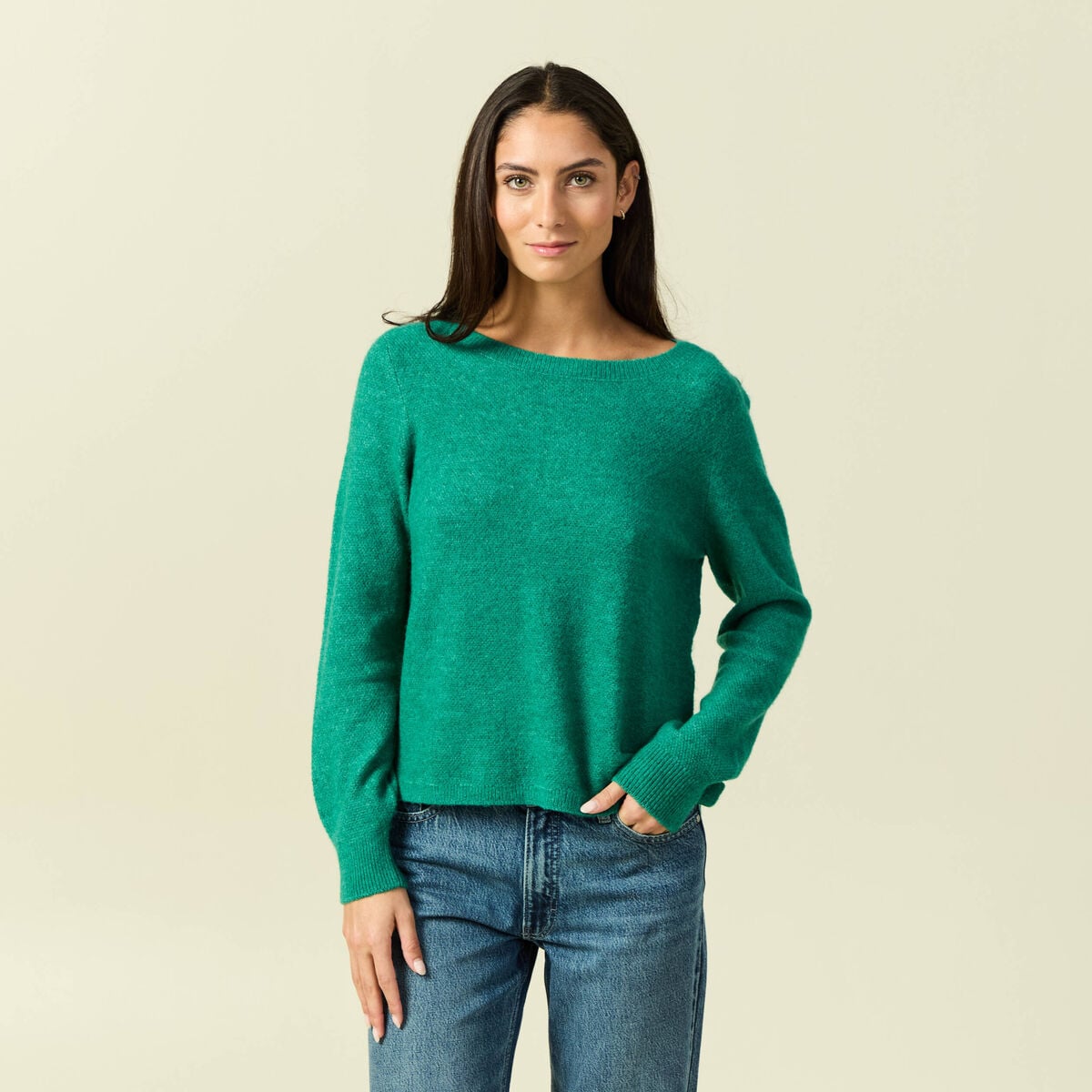 Pull col bateau manches longues vert femme
