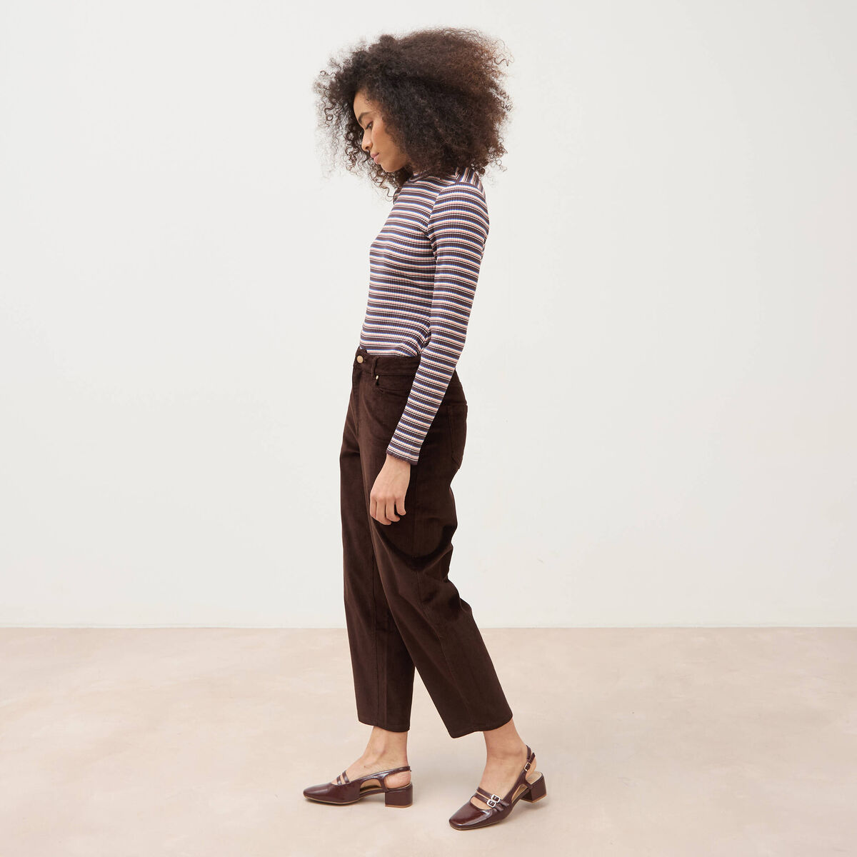 Body ray&eacute; col montant manches longues marron femme