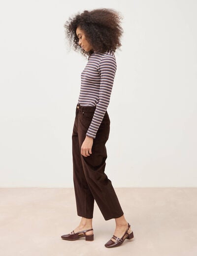 Body ray&eacute; col montant manches longues marron femme