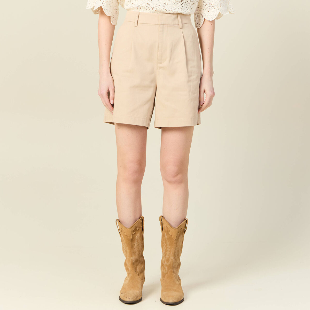 Bermuda droit taille haute beige femme