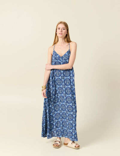 Robe longue évasée fluide bleu femme