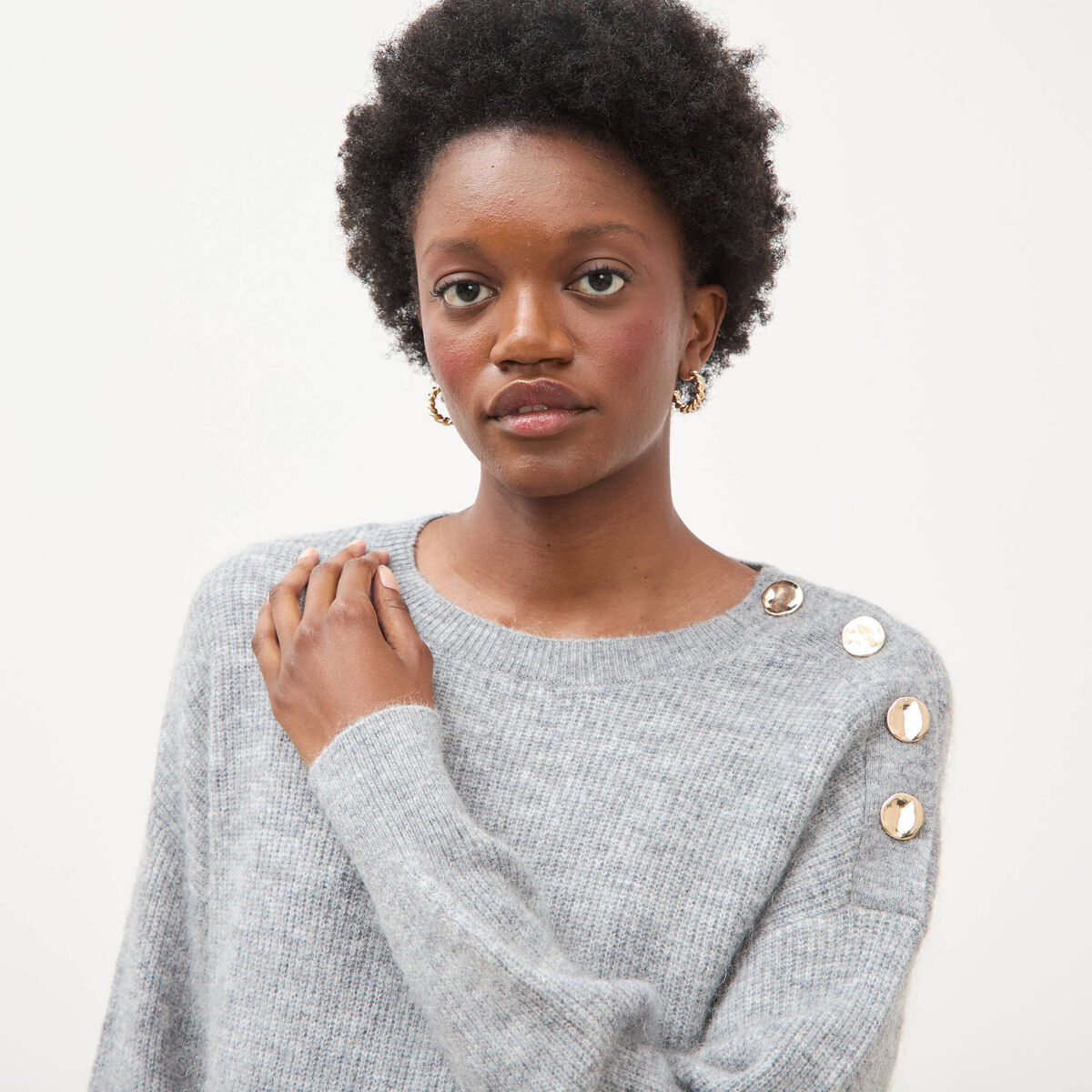 Pull droit col rond manches longues gris femme