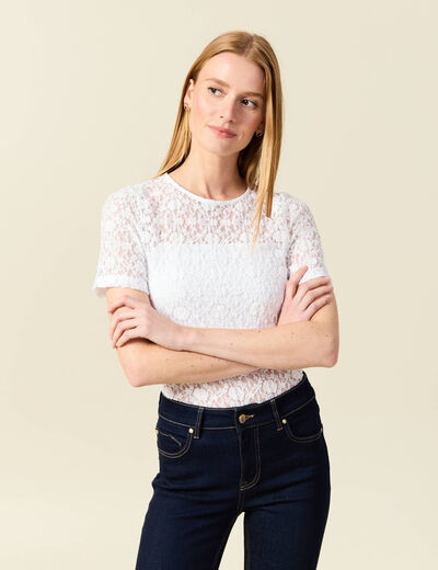 T-shirt cintr&eacute; col rond dentelle blanc femme