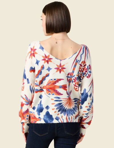 Pull manches longues col en V creme femme