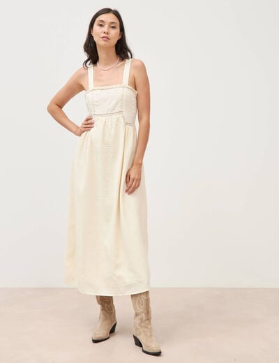 Robe en coton &agrave; bretelles col carr&eacute; ivoire femme