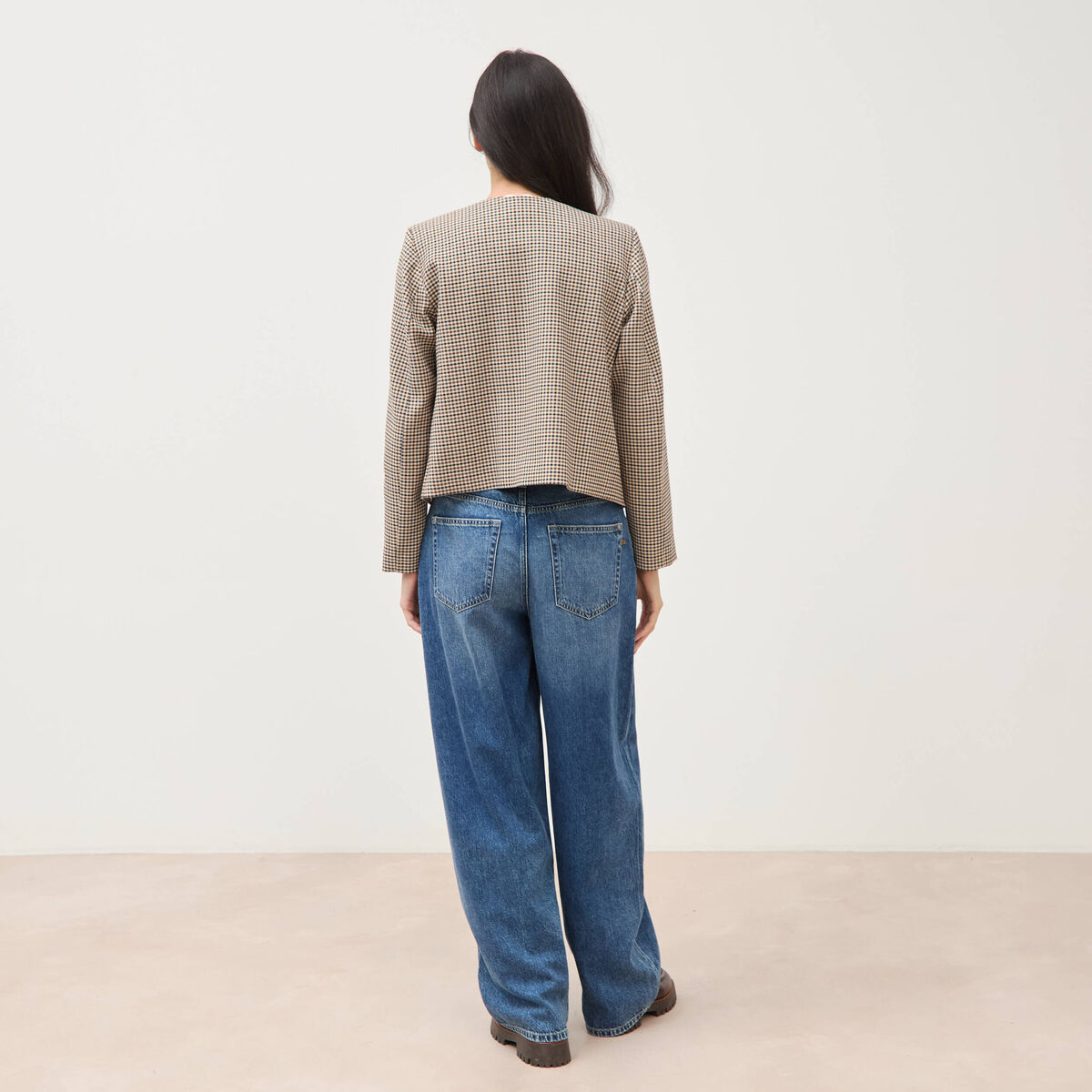 Veste &agrave; carreaux manches longues marron femme