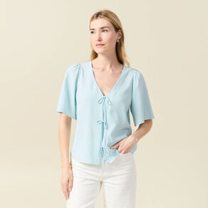 blouse manches courtes nouee bleu pastel femme Blouse manches courtes nouée bleu pastel femme