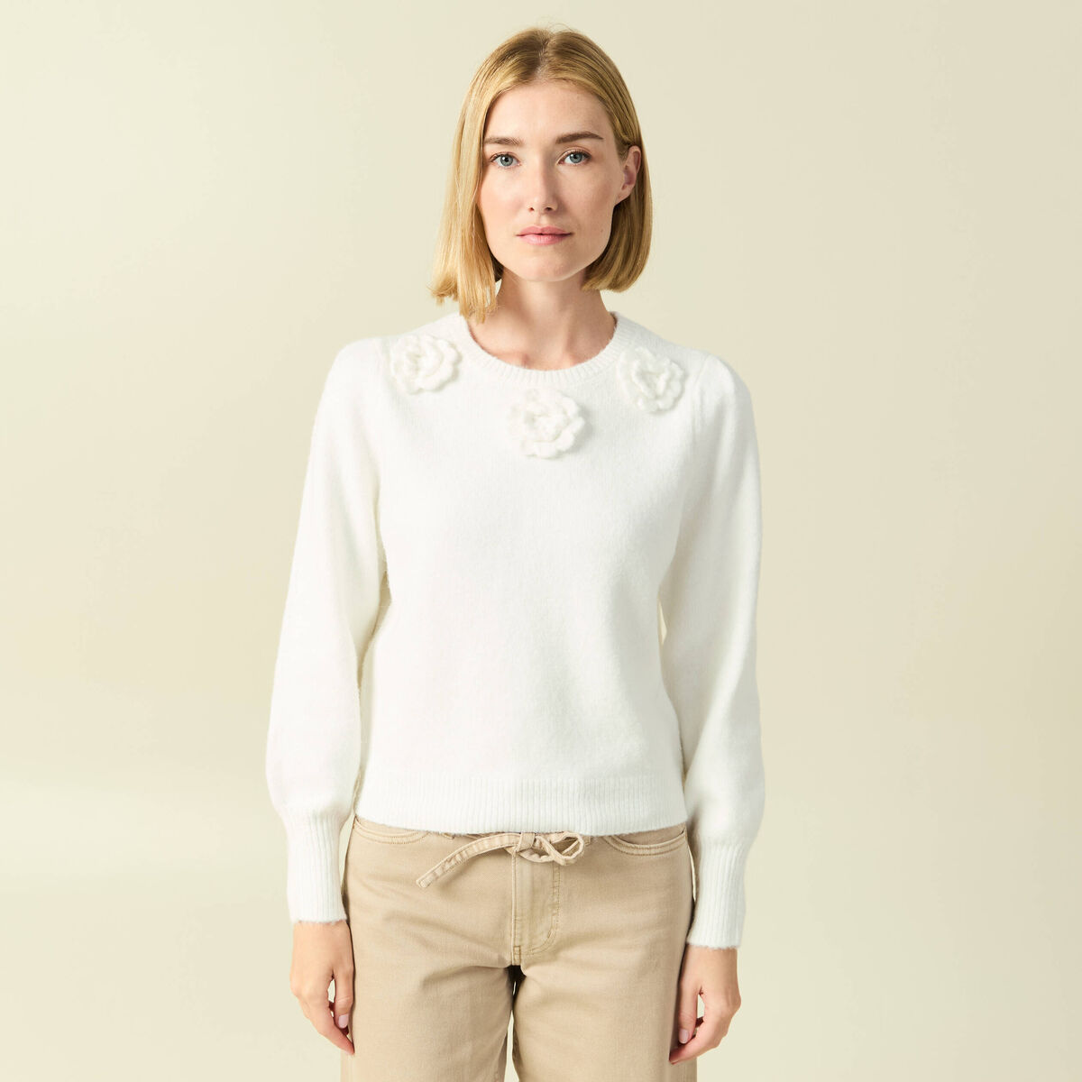 Pull manches longues col rond ecru femme