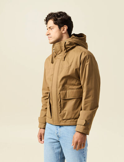Parka droite courte &agrave; capuche beige homme