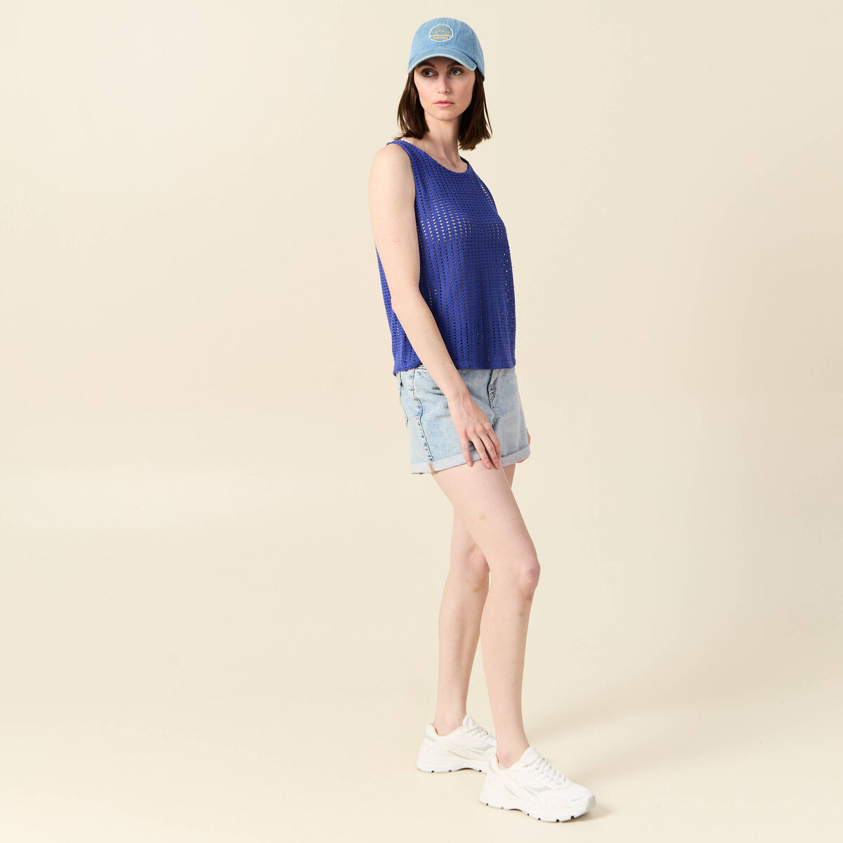 Débardeur sans manches ajouré bleu violet femme