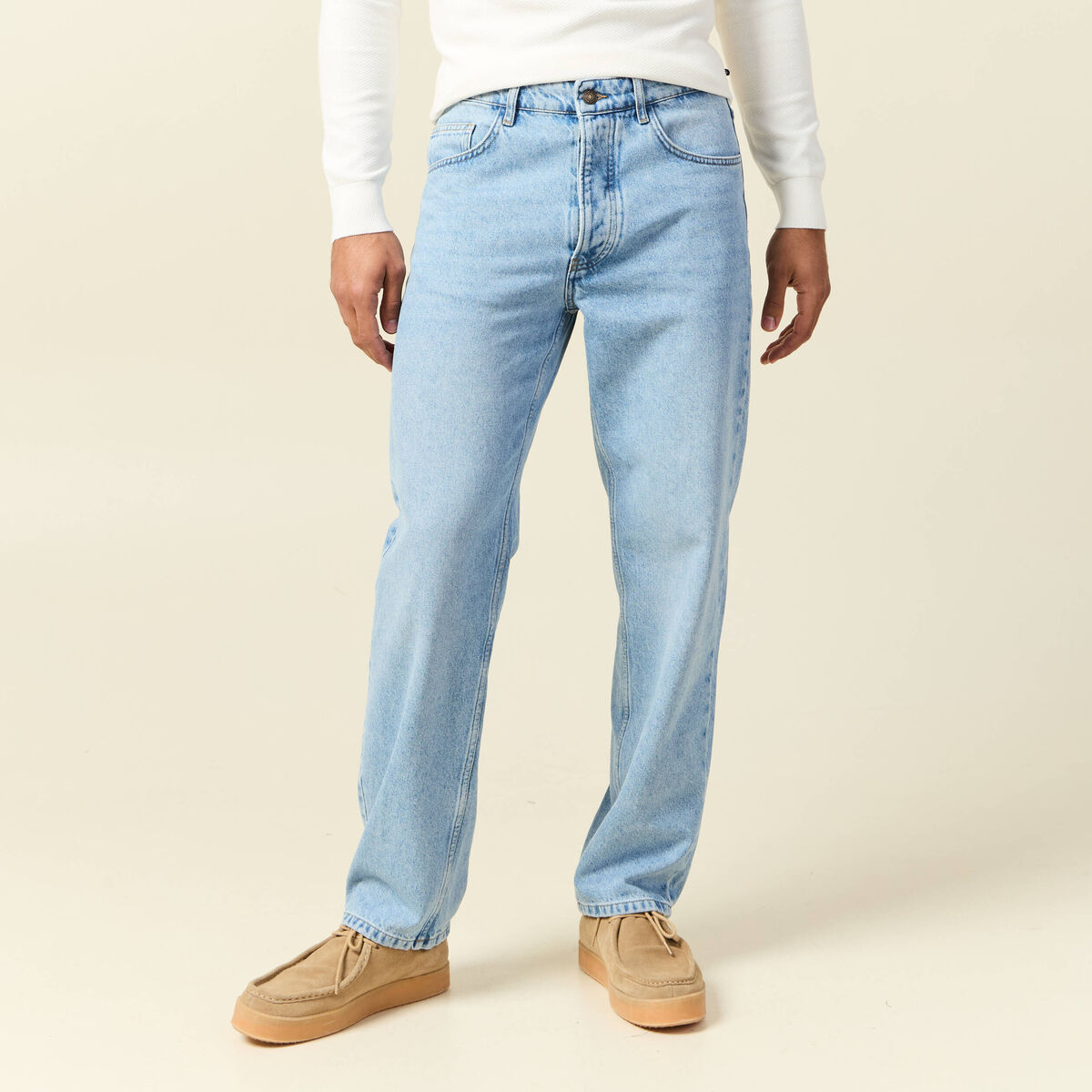 Jeans large longueur 32 en coton denim bleach homme