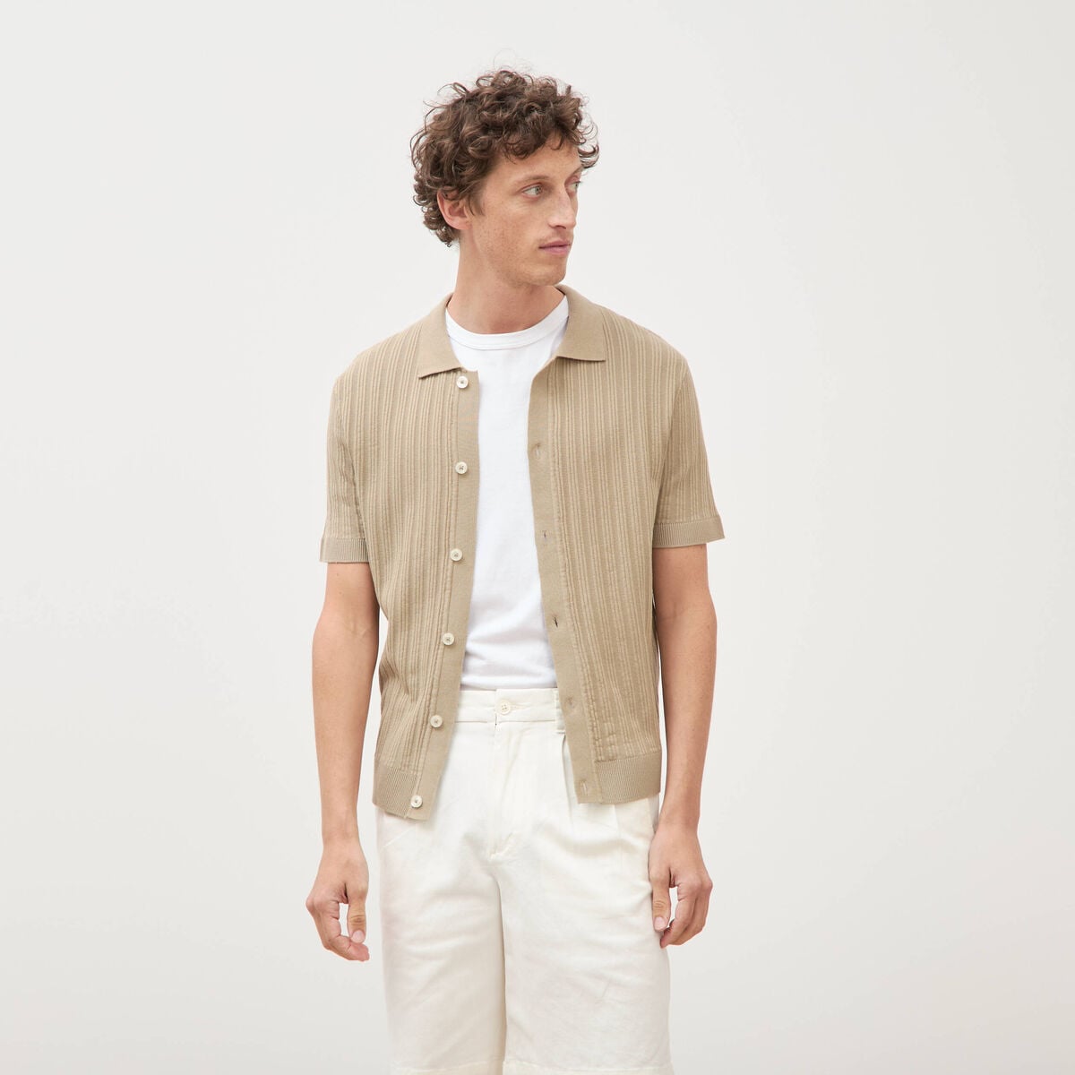 Chemise en coton manches courtes beige homme