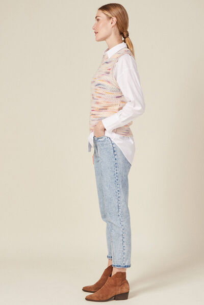 Pull sans manches ajouré creme femme