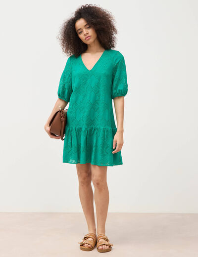 Robe dentelle col v manches coude vert femme