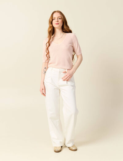 Pull manches courtes ajouré rose poudrée femme