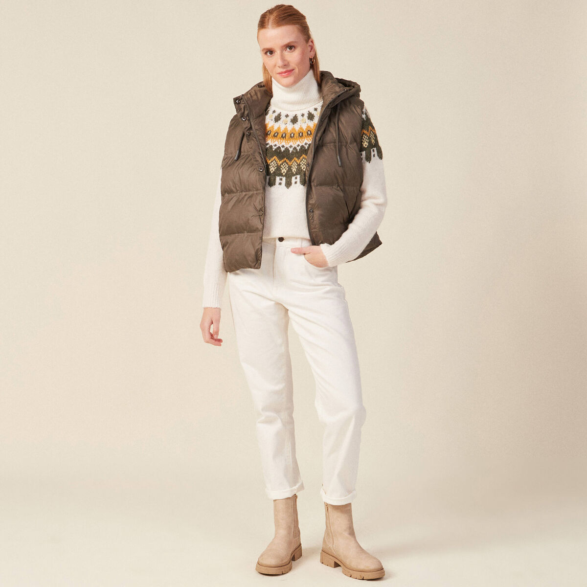 Pull manches longues col roulé ecru femme