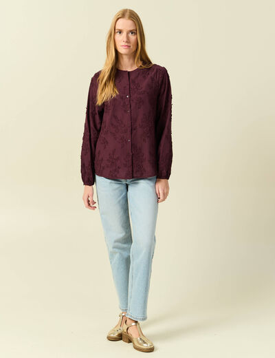Chemise col rond manches longues brod&eacute;e prune femme