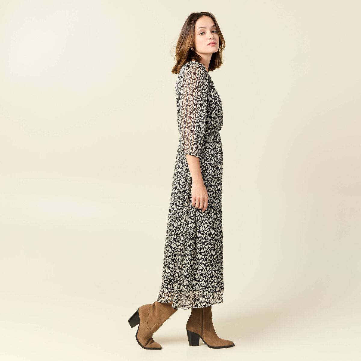 Robe longue évasée manches 3/4 noir femme