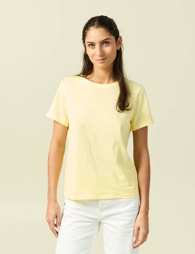 T-shirt cintr&eacute; col rond manches courtes jaune pastel femme