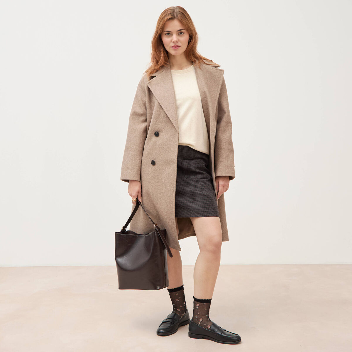 Pull droit col rond manches longues creme femme