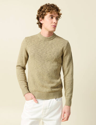 Pull col rond manches longues en coton beige fonce homme