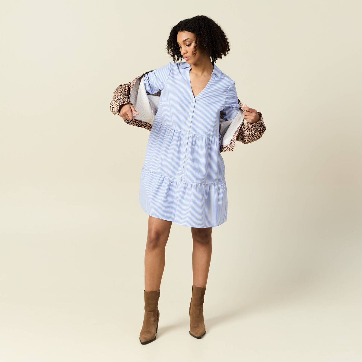 Robe trapèze manches 3/4 bleu ciel femme